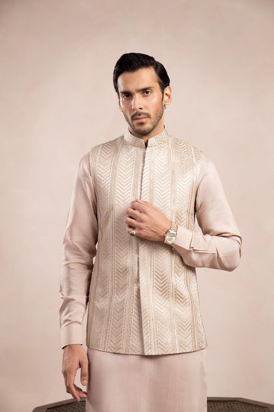 Muraqsh Ready To Wear Embroidered Cotton Men Coffee Beige Kurta Trouser with Arrow Waistcoat  MUR-CBKTW - Summer Collection