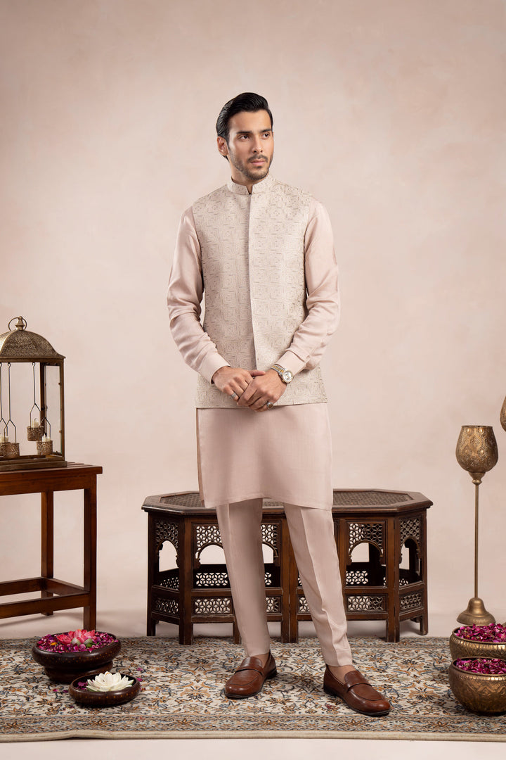 Muraqsh Ready To Wear Embroidered Cotton Men Coffee Beige Square Waistcoat MUR-CBSEW - Summer Collection