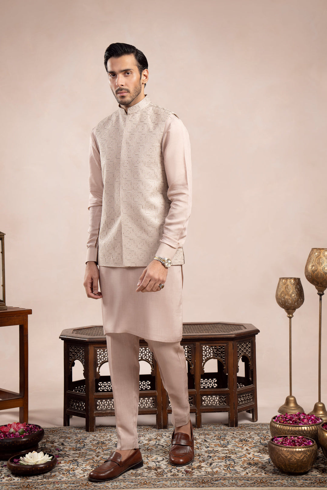 Muraqsh Ready To Wear Embroidered Cotton Men Coffee Beige Kurta Trouser with Square Waistcoat  MUR-CBKTW - Summer Collection