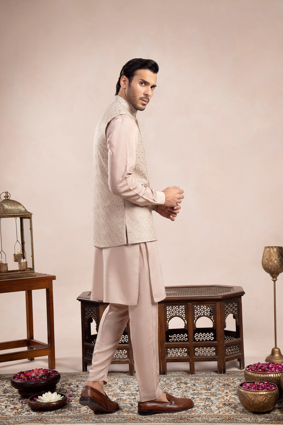 Muraqsh Ready To Wear Embroidered Cotton Men Coffee Beige Kurta Trouser with Square Waistcoat  MUR-CBKTW - Summer Collection