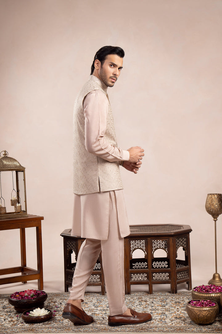 Muraqsh Ready To Wear Embroidered Cotton Men Coffee Beige Square Waistcoat MUR-CBSEW - Summer Collection