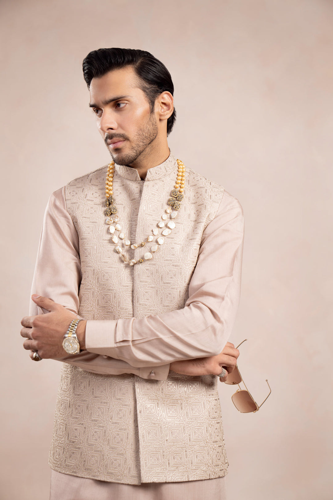 Muraqsh Ready To Wear Embroidered Cotton Men Coffee Beige Square Waistcoat MUR-CBSEW - Summer Collection