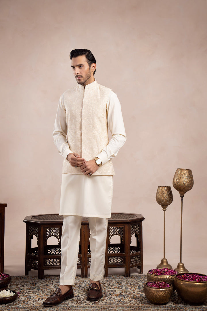 Muraqsh Ready To Wear Embroidered Bosky Men Bosky White Kurta Trouser with Cross Stitched Waistcoat  MUR-BWKTW - Summer Collection