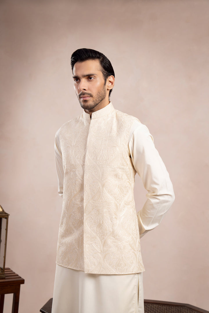 Muraqsh Ready To Wear Embroidered Bosky Men Bosky White Kurta Trouser with Cross Stitched Waistcoat  MUR-BWKTW - Summer Collection