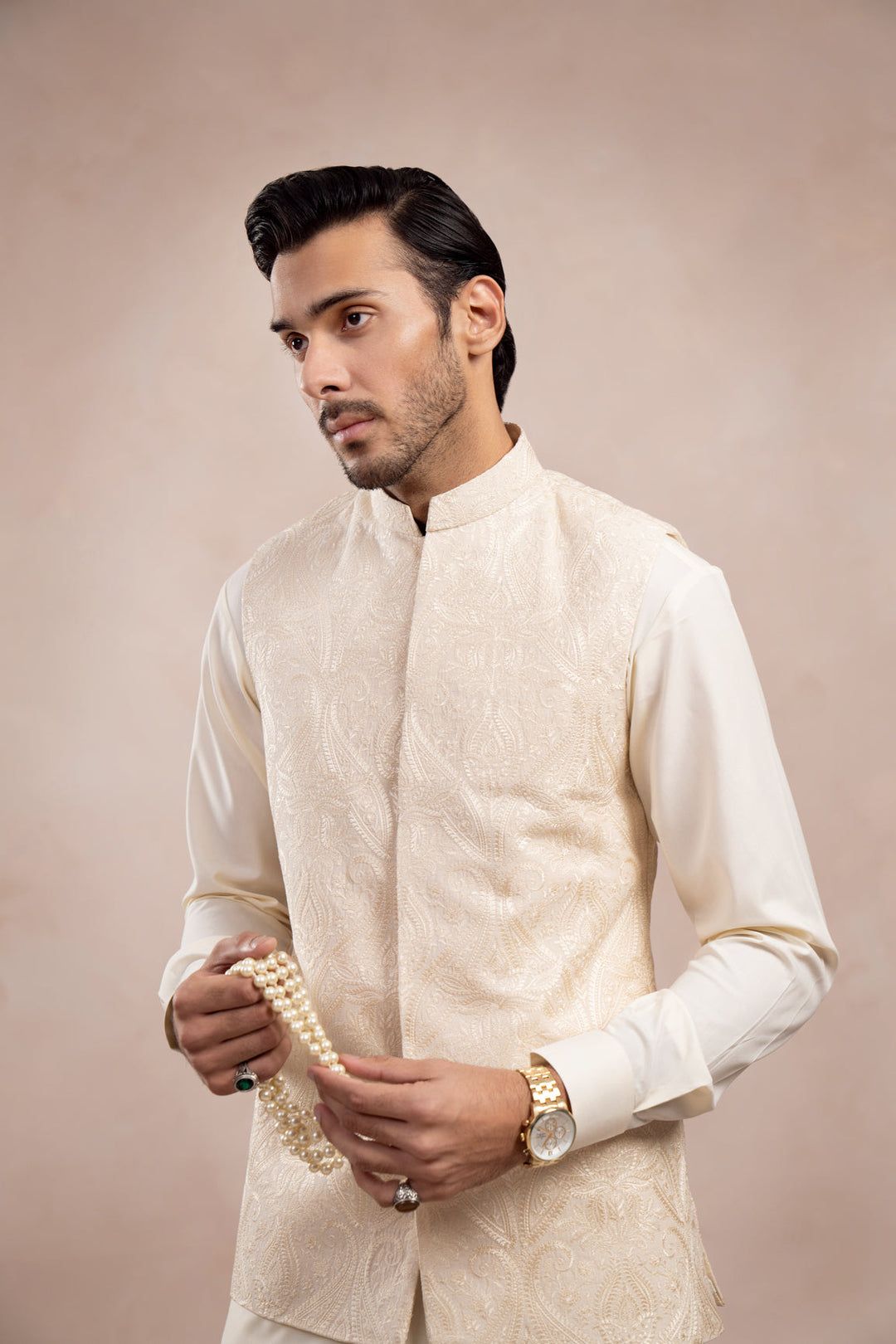 Muraqsh Ready To Wear Embroidered Bosky Men Bosky White Cross Stitched Waistcoat MUR-BWCSE - Summer Collection