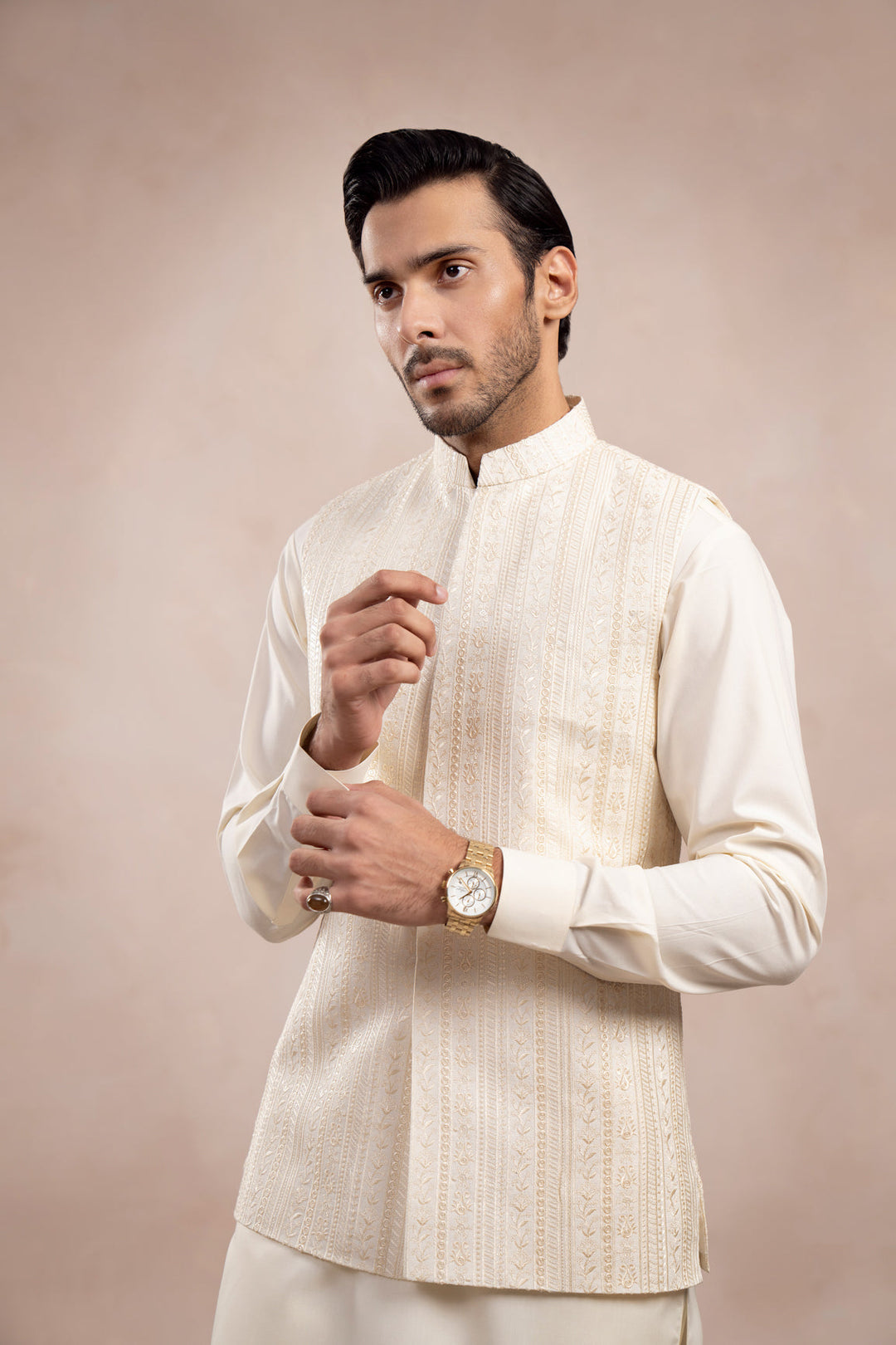 Muraqsh Ready To Wear Embroidered Bosky Men Bosky White Kurta Trouser with Falling Waistcoat  MUR-BWKTW - Summer Collection