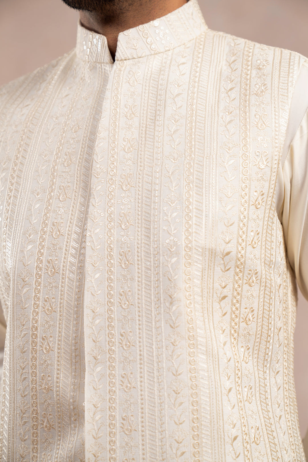 Muraqsh Ready To Wear Embroidered Bosky Men Bosky White Kurta Trouser with Falling Waistcoat  MUR-BWKTW - Summer Collection