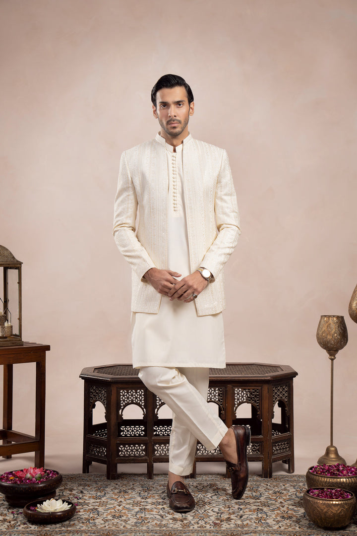 Muraqsh Ready To Wear Embroidered Bosky Men Bosky White Loop Kurta Trouser with Falling Open Prince Coat ABD-BWLKT - Summer Collection