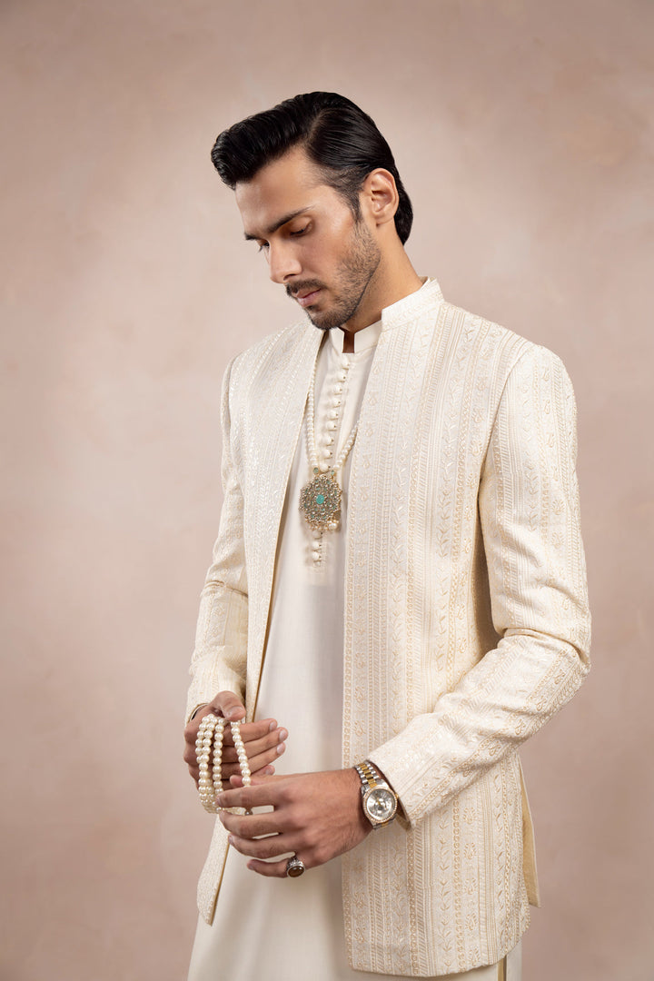 Muraqsh Ready To Wear Embroidered Bosky Men Bosky White Falling Open Prince Coat MUR-BWFEO - Summer Collection