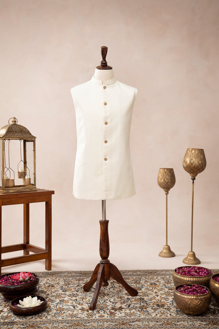 Muraqsh Ready To Wear Solids Cotton Men Off White Jamawar Textured Waistcoat MUR-OWJTW - Summer Collection