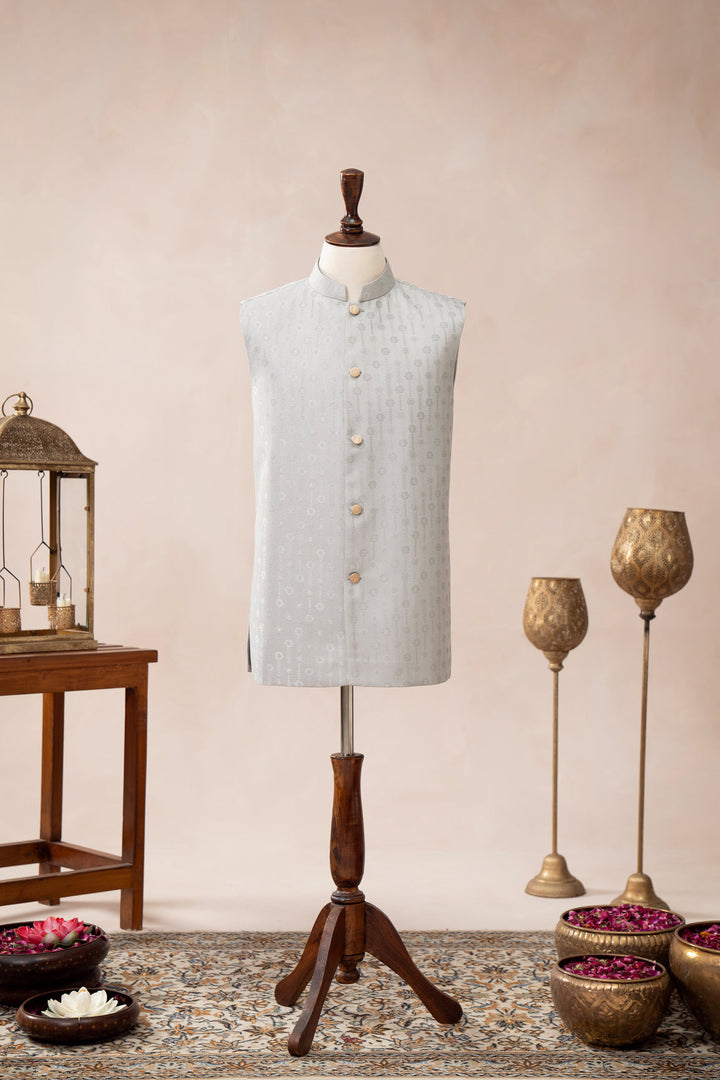 Muraqsh Ready To Wear Solids Cotton Men Sky Blue Jamawar Textured Waistcoat MURBJTW - Summer Collection