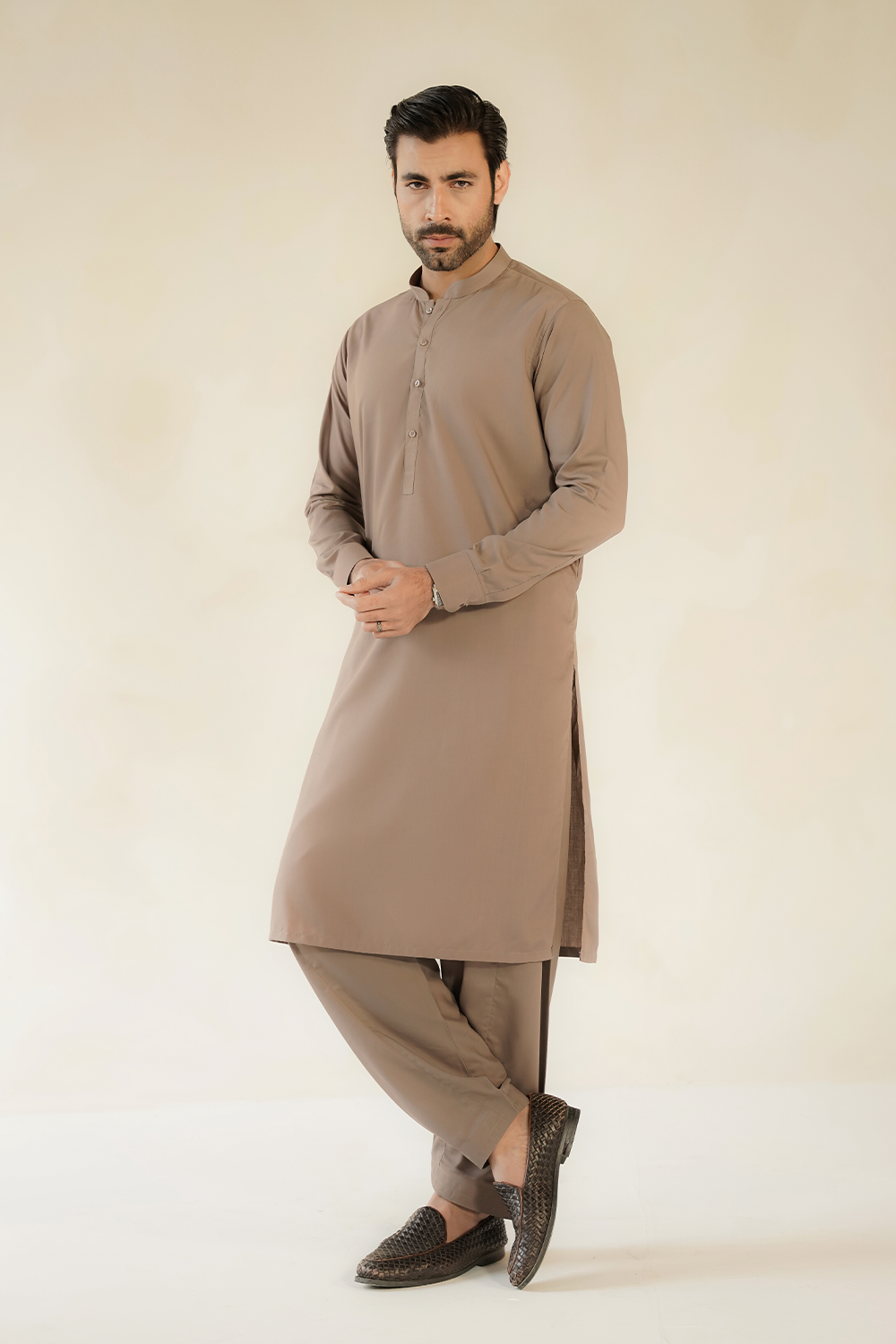 Divinely Crafted Men Ready To Wear Solids Cotton Men Shalwar Kameez Auburn Brown - Summer Collection