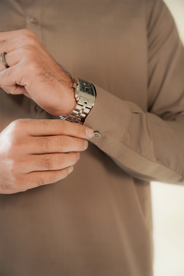 Divinely Crafted Men Ready To Wear Solids Cotton Men Shalwar Kameez Auburn Brown - Summer Collection