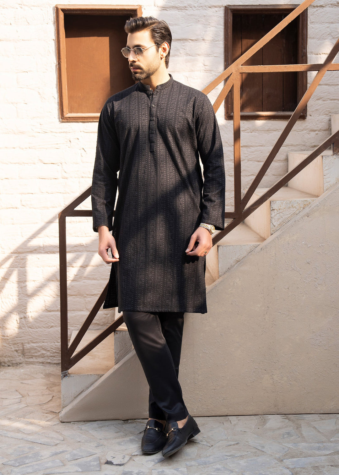 Noor e Eid by Buraq Mens RTW Embroidered Cotton 2 Piece Suit Jet Black Casual Collection