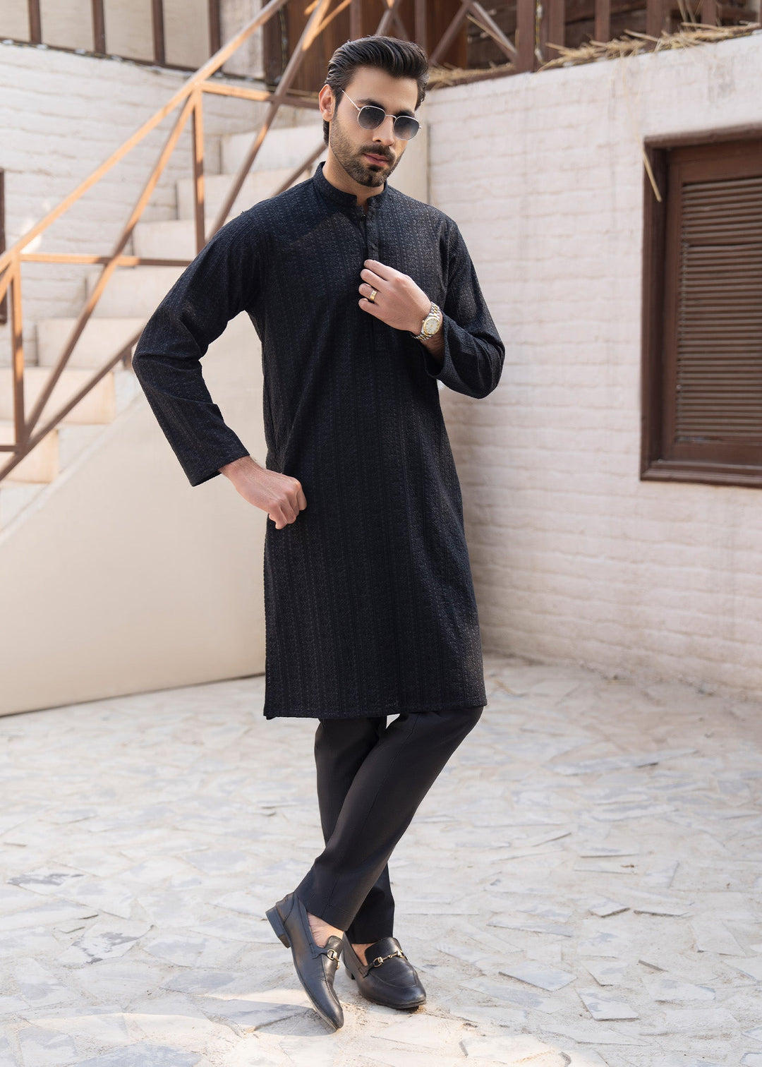 Noor e Eid by Buraq Mens RTW Embroidered Cotton 2 Piece Suit Jet Black Casual Collection