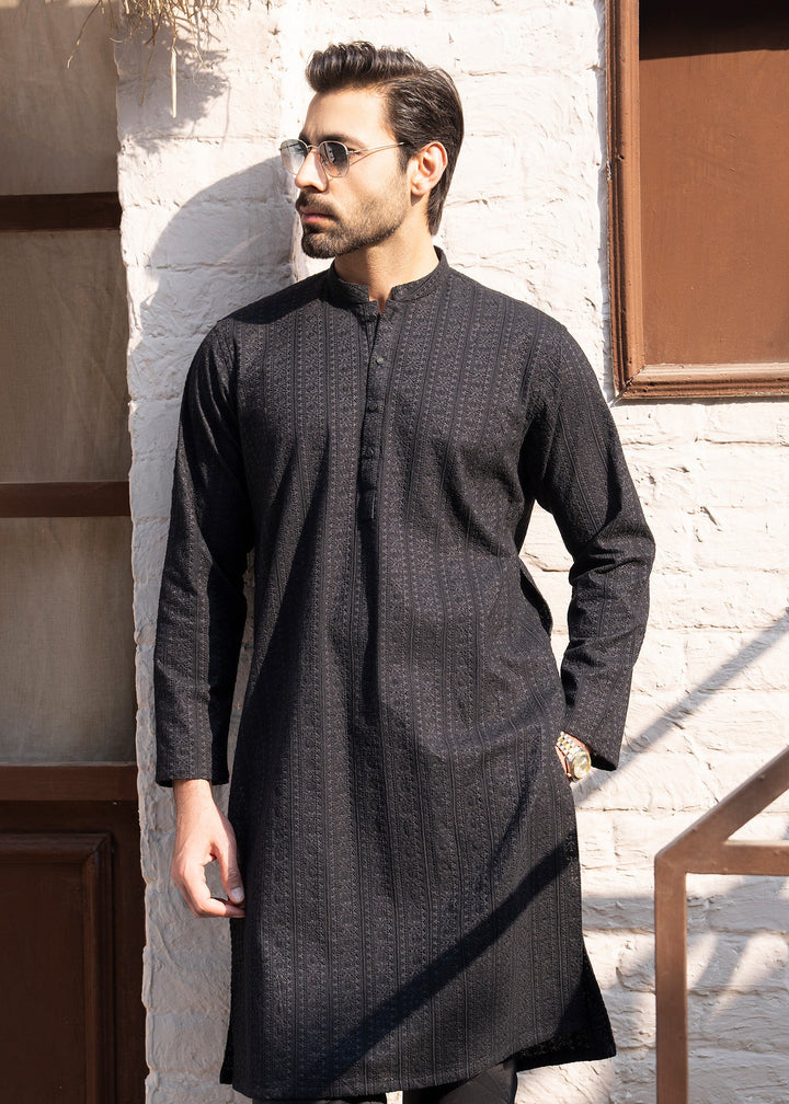 Noor e Eid by Buraq Mens RTW Embroidered Cotton 2 Piece Suit Jet Black Casual Collection