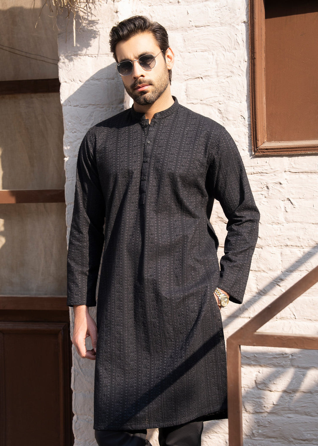 Noor e Eid by Buraq Mens RTW Embroidered Cotton 2 Piece Suit Jet Black Casual Collection