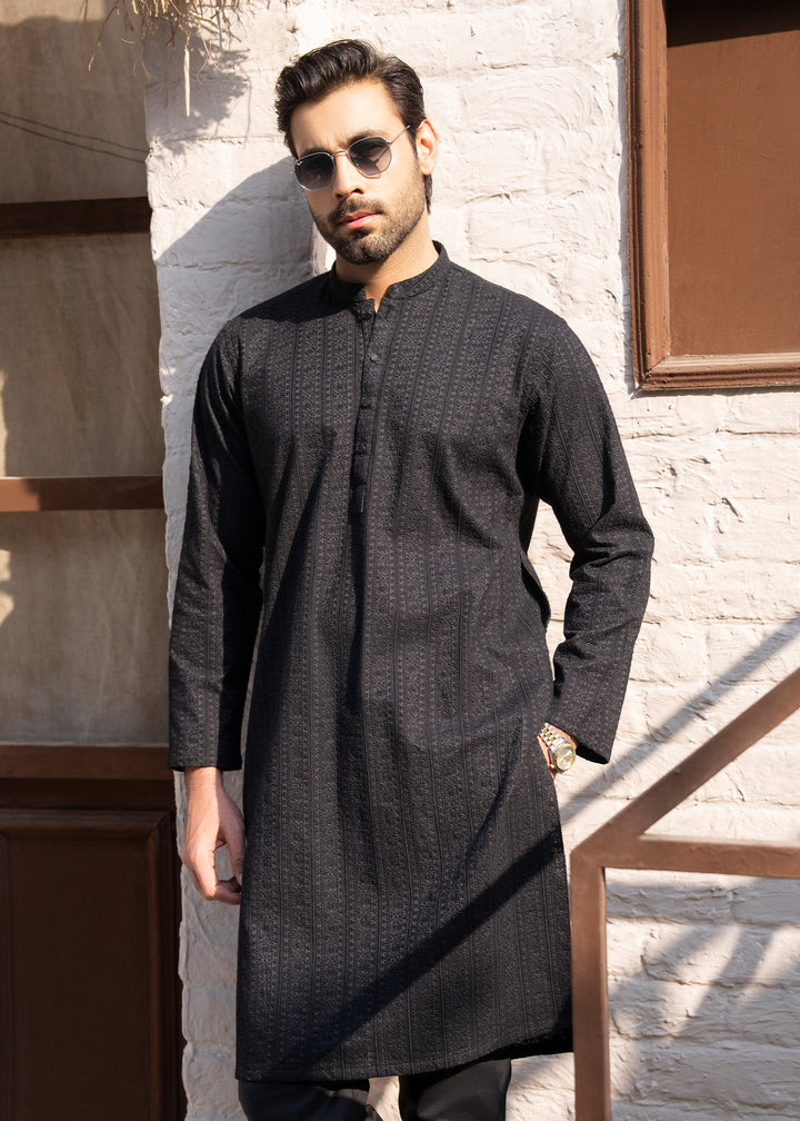 Noor e Eid by Buraq Mens RTW Embroidered Cotton 2 Piece Suit Jet Black Casual Collection