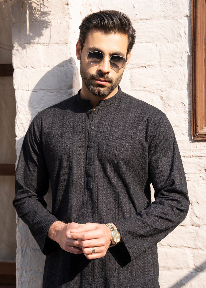 Noor e Eid by Buraq Mens RTW Embroidered Cotton 2 Piece Suit Jet Black Casual Collection
