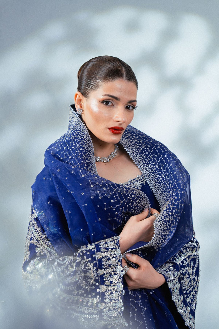 Soiree by Enzo Women RTW Hand work Silk 3 Piece Suit VELOURS BLEU Festive Collection
