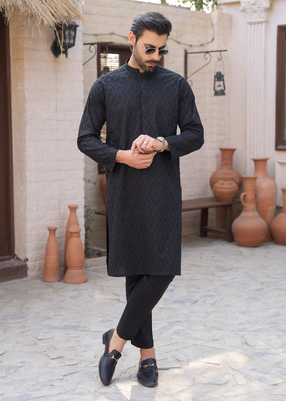 Noor e Eid by Buraq Mens RTW Embroidered Cotton 2 Piece Suit Black Casual Collection