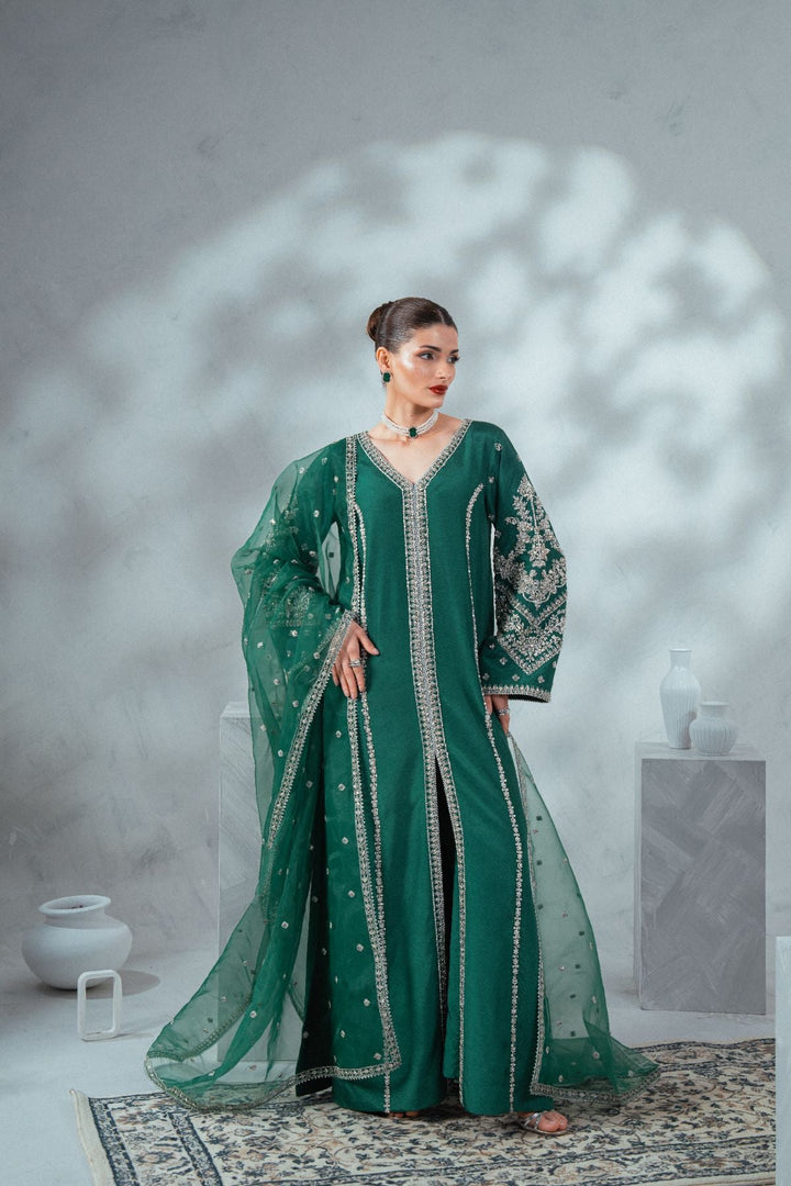 Soiree by Enzo Women RTW Hand work Silk 3 Piece Suit EMERALD WHISPER Festive Collection