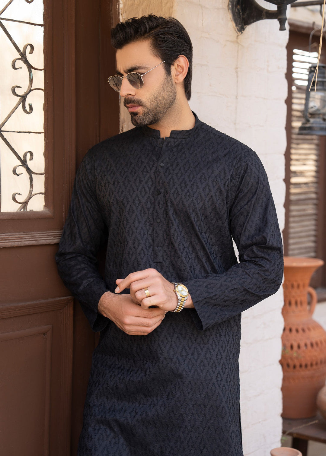 Noor e Eid by Buraq Mens RTW Embroidered Cotton 2 Piece Suit Black Casual Collection
