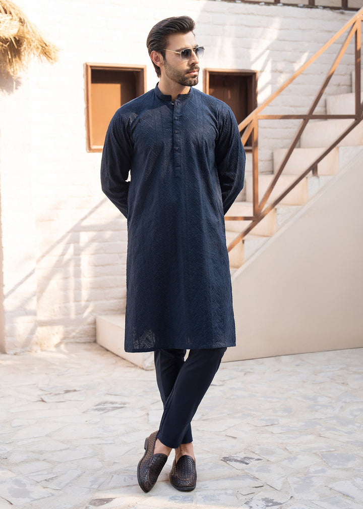 Noor e Eid by Buraq Mens RTW Embroidered Cotton 2 Piece Suit Dark Navy Casual Collection