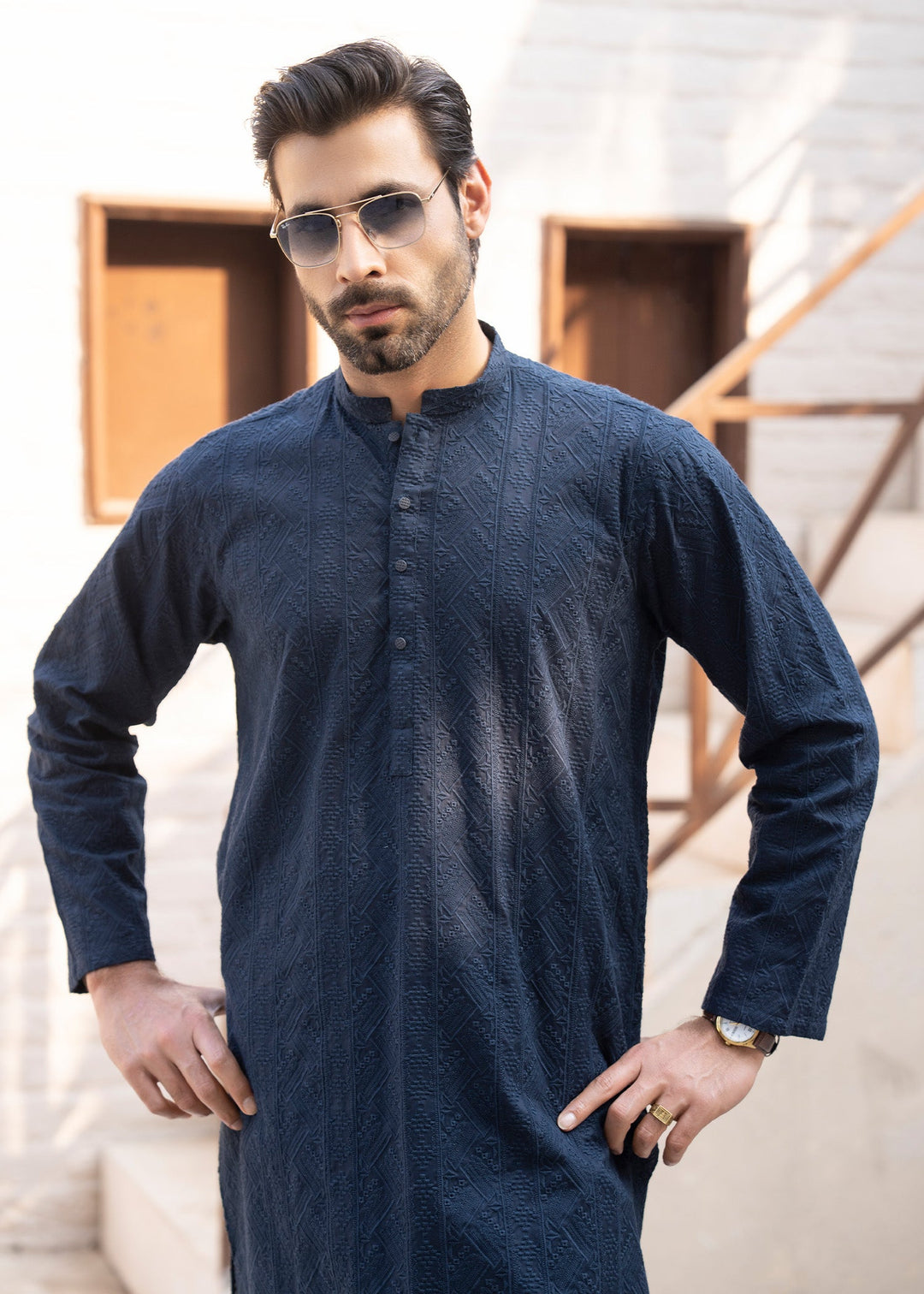 Noor e Eid by Buraq Mens RTW Embroidered Cotton 2 Piece Suit Dark Navy Casual Collection