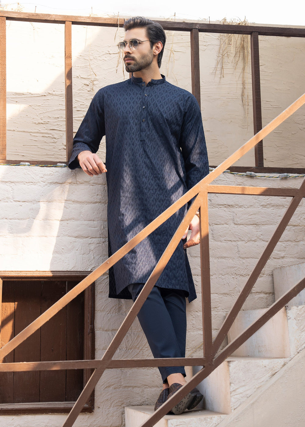 Noor e Eid by Buraq Mens RTW Embroidered Cotton 2 Piece Suit Navy Blue Casual Collection
