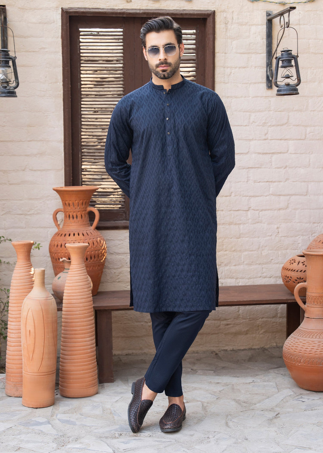 Noor e Eid by Buraq Mens RTW Embroidered Cotton 2 Piece Suit Navy Blue Casual Collection