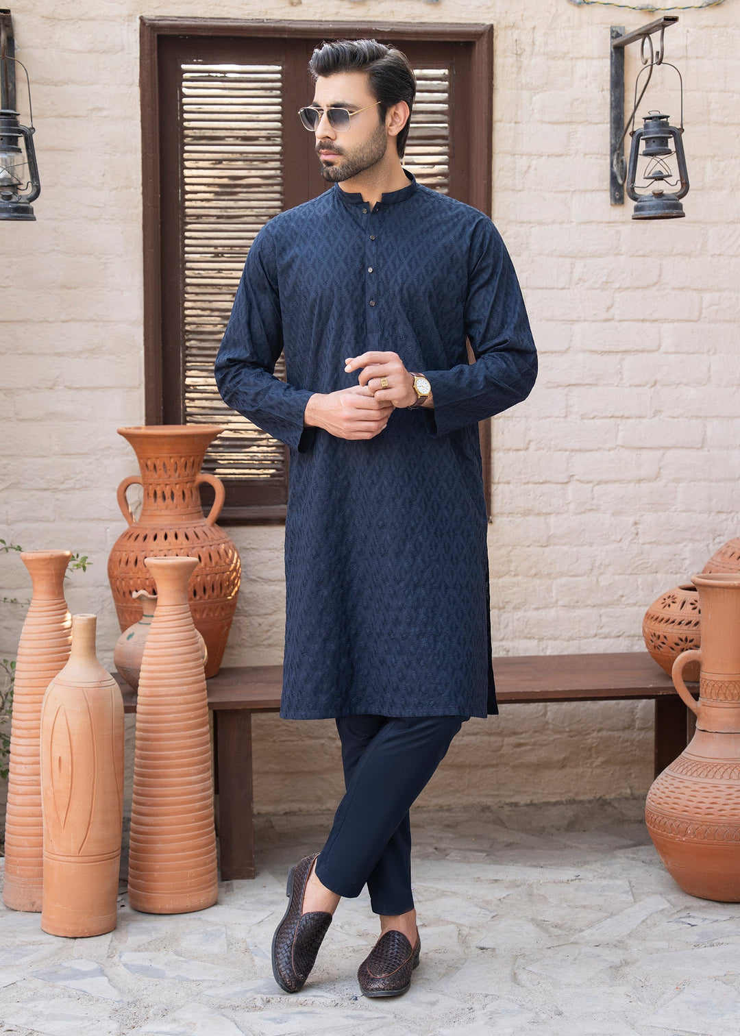 Noor e Eid by Buraq Mens RTW Embroidered Cotton 2 Piece Suit Navy Blue Casual Collection