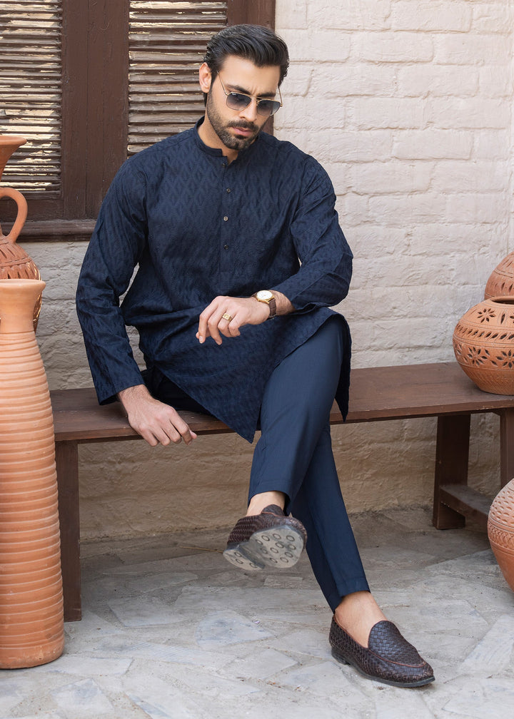 Noor e Eid by Buraq Mens RTW Embroidered Cotton 2 Piece Suit Navy Blue Casual Collection
