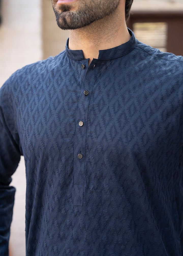 Noor e Eid by Buraq Mens RTW Embroidered Cotton 2 Piece Suit Navy Blue Casual Collection
