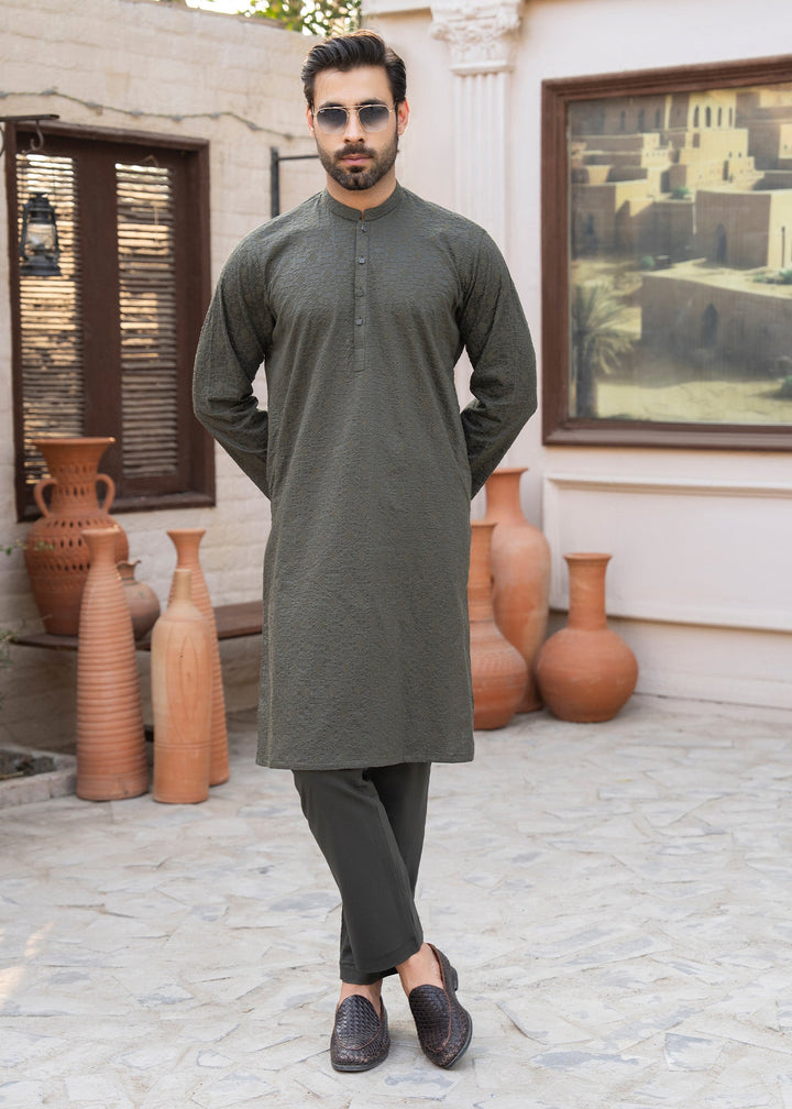 Noor e Eid by Buraq Mens RTW Embroidered Cotton 2 Piece Suit Gray Casual Collection