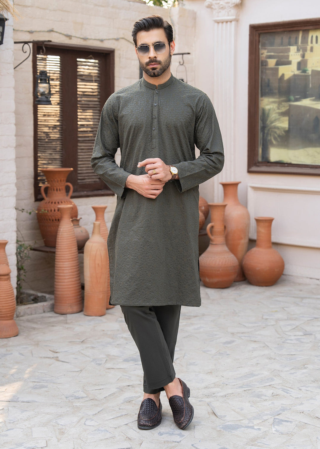 Noor e Eid by Buraq Mens RTW Embroidered Cotton 2 Piece Suit Gray Casual Collection