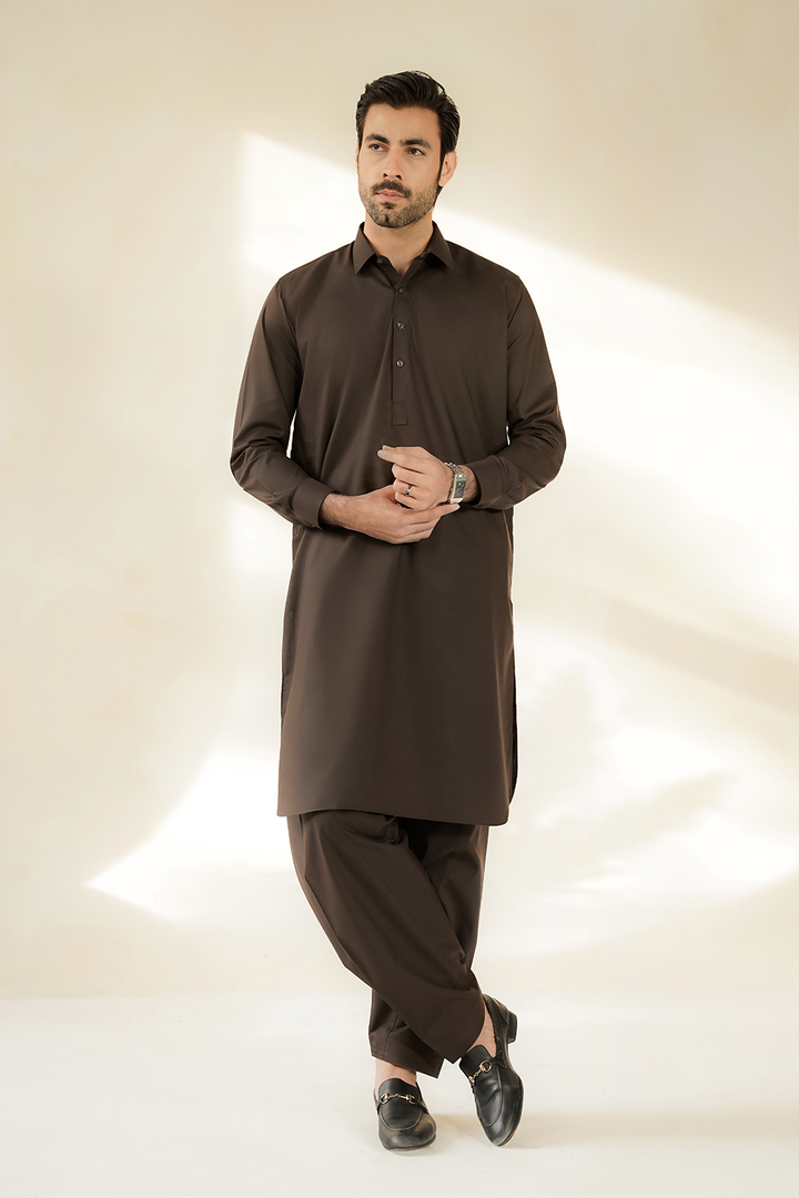 Divinely Crafted Men Cotton Shalwar Kameez Coffee Brown SK1225-CB - Summer Collection
