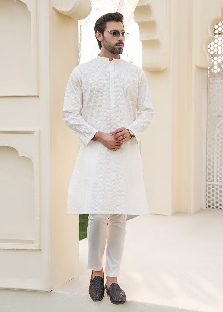 Noor e Eid by Buraq Mens RTW Embroidered Cotton 2 Piece Suit B-White Casual Collection