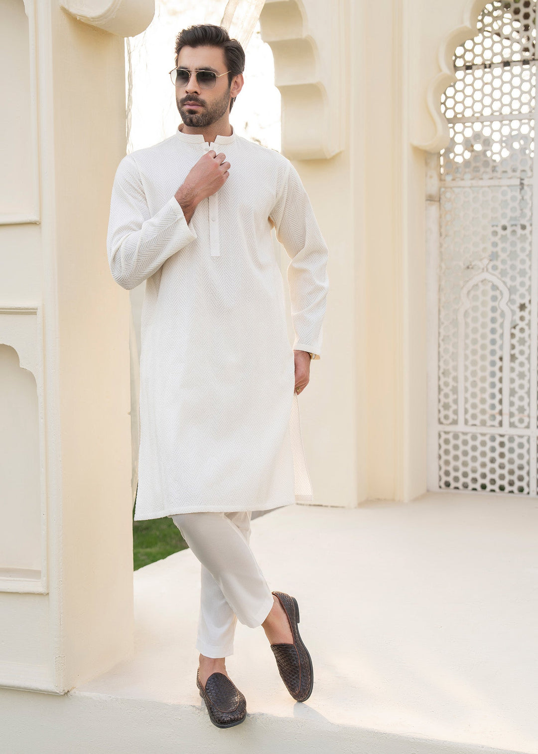 Noor e Eid by Buraq Mens RTW Embroidered Cotton 2 Piece Suit B-White Casual Collection