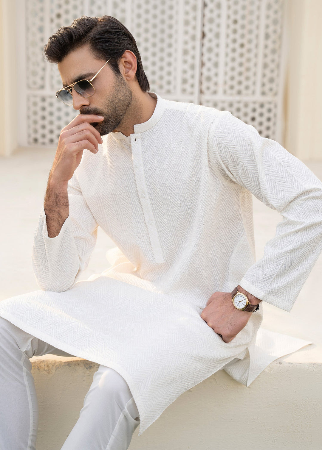 Noor e Eid by Buraq Mens RTW Embroidered Cotton 2 Piece Suit B-White Casual Collection