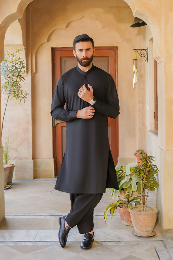 Misaal by Divinely Crafted Solids Shalwar Kameez For Men Jet Black Blended SK490-0325-JB - Summer Collection