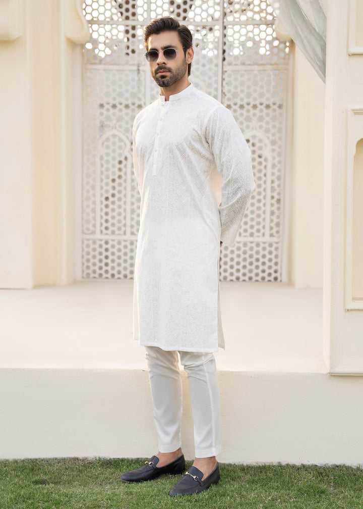 Noor e Eid by Buraq Mens RTW Embroidered Cotton 2 Piece Suit Uni-White Casual Collection