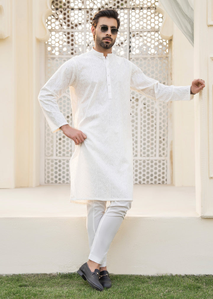 Noor e Eid by Buraq Mens RTW Embroidered Cotton 2 Piece Suit Uni-White Casual Collection
