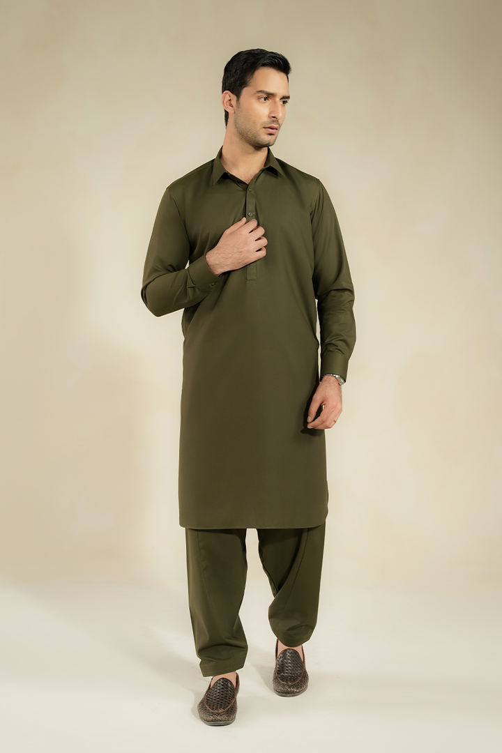 Divinely Crafted Men Cotton Shalwar Kameez Regal Olive SK1225-RO - Summer Collection