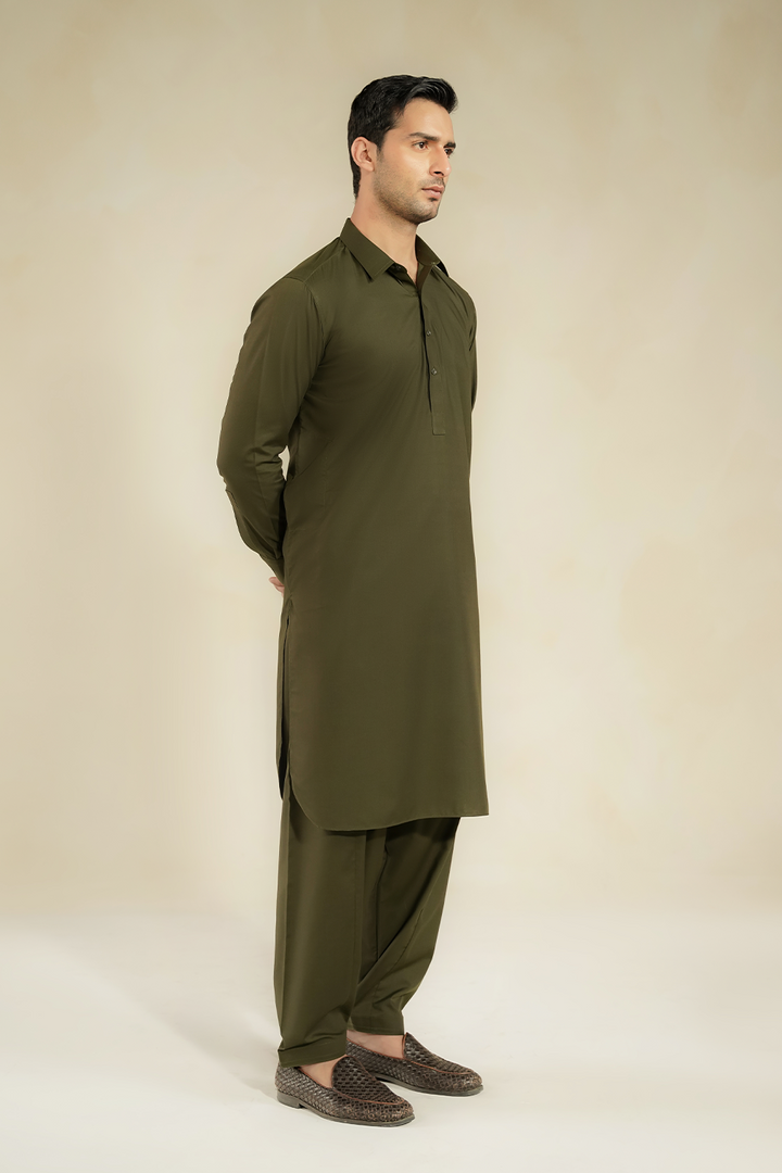 Divinely Crafted Men Cotton Shalwar Kameez Regal Olive SK1225-RO - Summer Collection