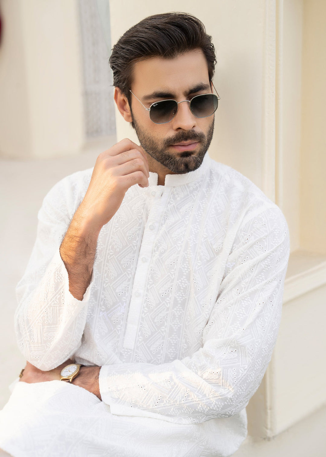 Noor e Eid by Buraq Mens RTW Embroidered Cotton 2 Piece Suit Uni-White Casual Collection