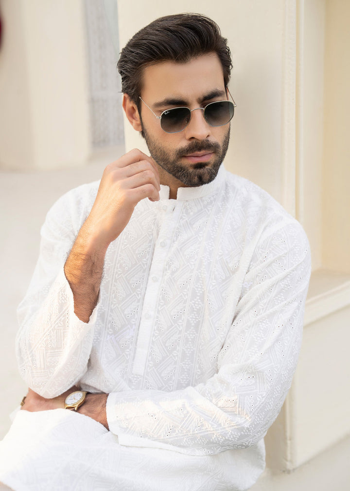 Noor e Eid by Buraq Mens RTW Embroidered Cotton 2 Piece Suit Uni-White Casual Collection