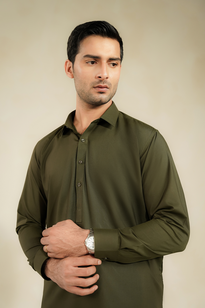 Divinely Crafted Men Cotton Shalwar Kameez Regal Olive SK1225-RO - Summer Collection