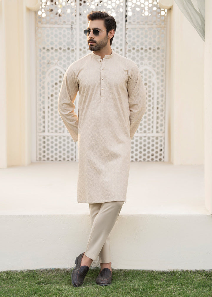 Noor e Eid by Buraq Mens RTW Embroidered Cotton 2 Piece Suit Beige Casual Collection