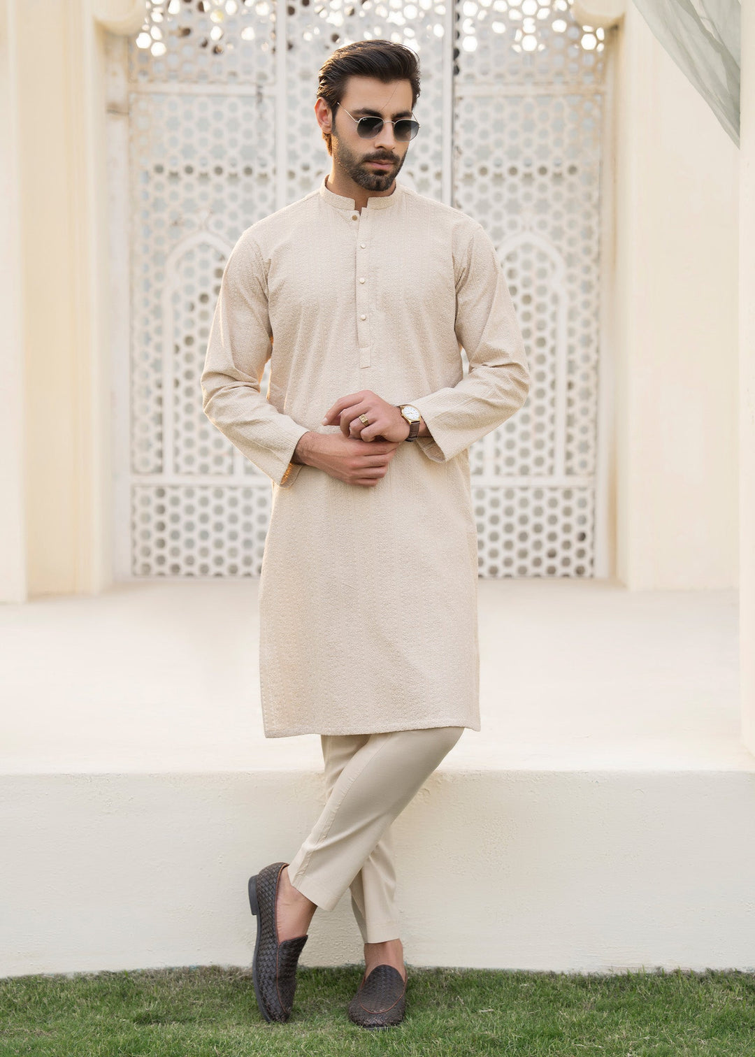 Noor e Eid by Buraq Mens RTW Embroidered Cotton 2 Piece Suit Beige Casual Collection